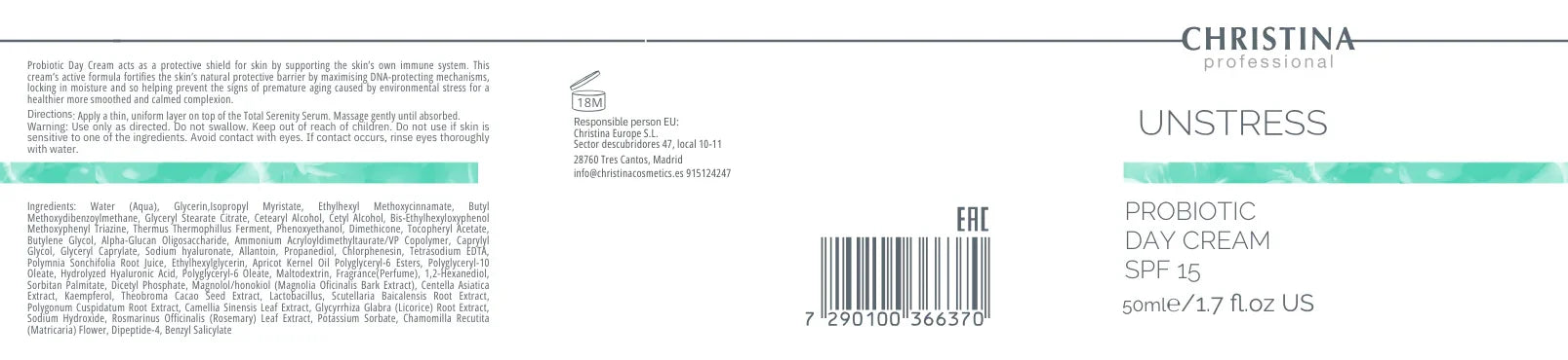 Christina Unstress Probiotic Day Cream SPF 15 – krem z filtrem – SPF – na cerę naczynkową