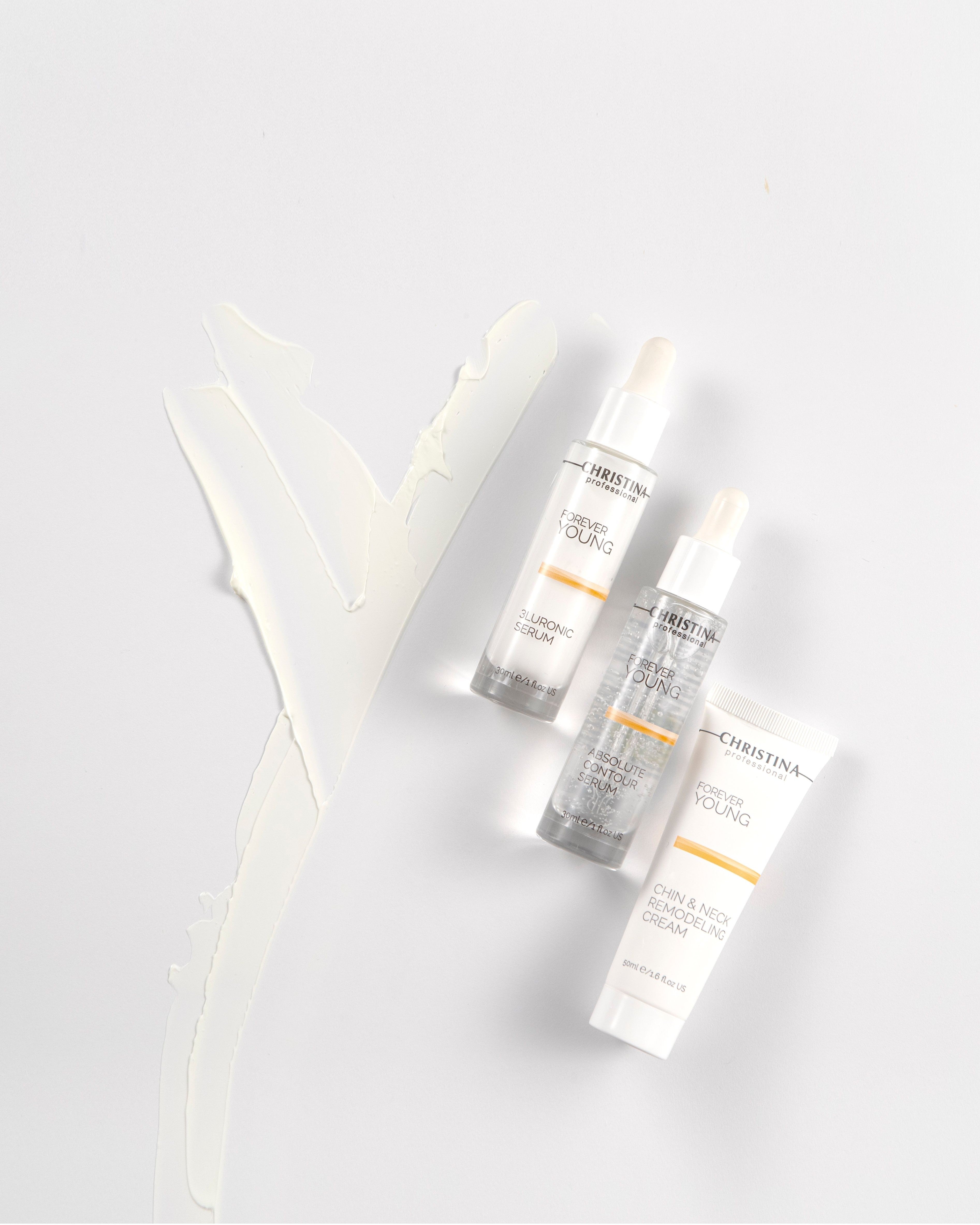 Absolute Contour Serum (30 ml) - serum z peptydami poprawiające kontur twarzy
3Luronic Serum (30 ml) - serum z trzema formami kwasu hialuronowego
Chin &amp; Neck Remodelling Cream (50 ml) - krem remodelujący do brody i szyi